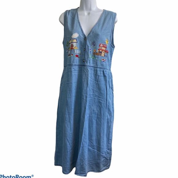 Vintage Dresses & Skirts - Vintage 90’s Chambray Blue Embroidered Dress Sz L